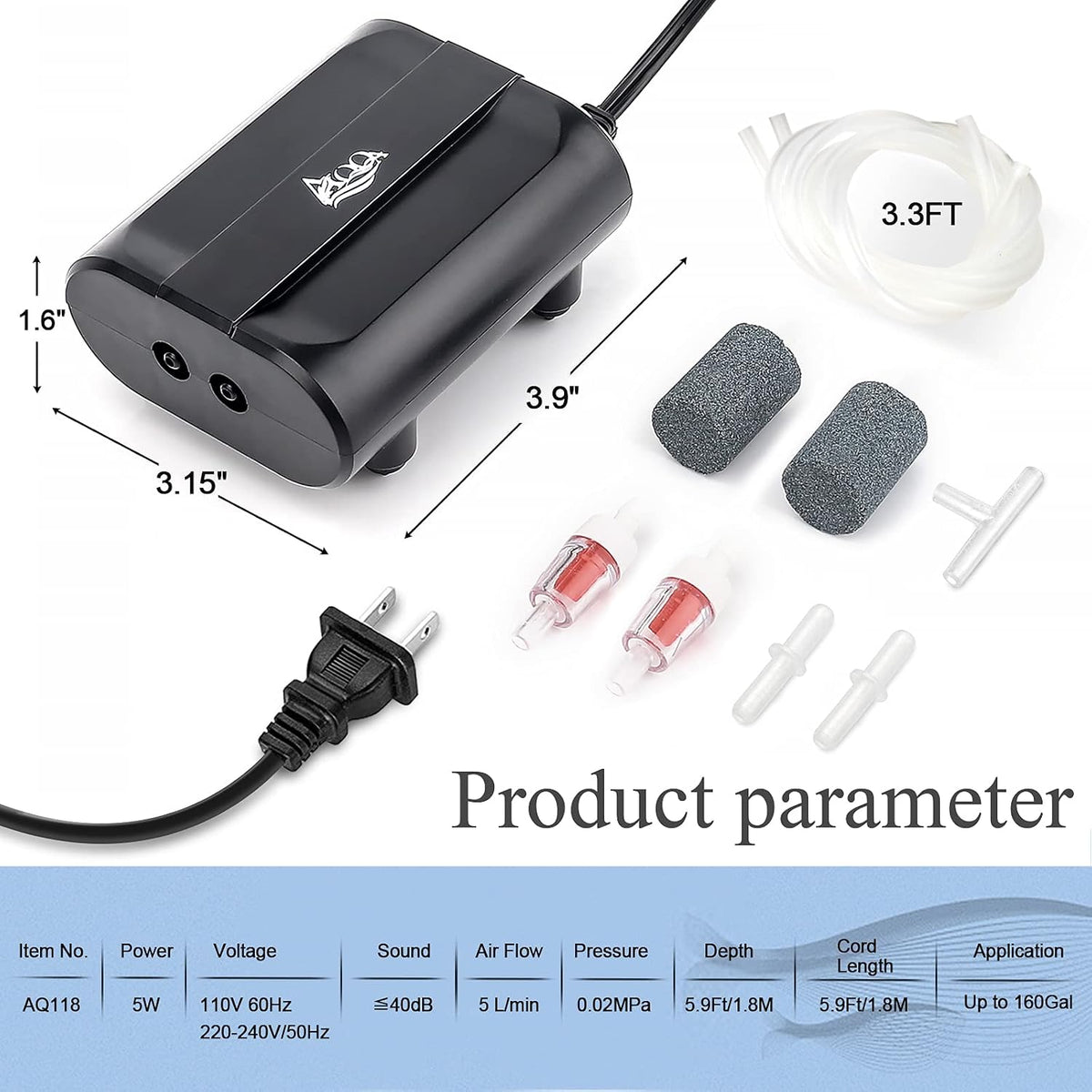 AQQA Aquarium Air Pump, 3.5W Dual Outlet Oxygen Pump - 5W (for 1-160 gallon) - image 4
