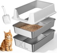 Stainless Steel Litter Box with Scoop, Small Metal Pan for Cats - Pale Gray
