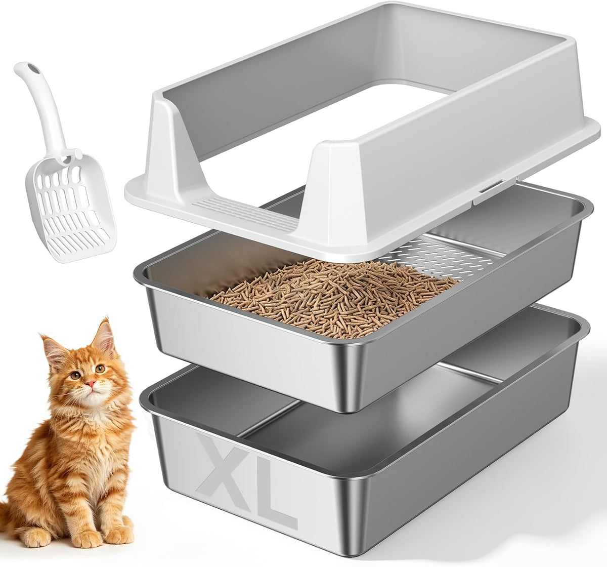 Stainless Steel Litter Box with Scoop, Small Metal Pan for Cats - Pale Gray