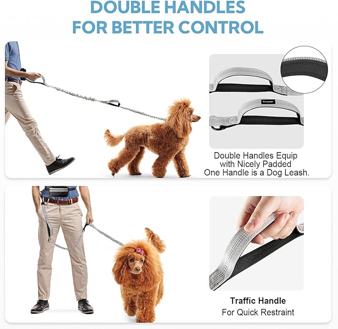 Hands Free Dog Leash with Pouch, Double Leash for Two Dogs, Retractable Bungee with Double Padded Handles, Dog Waist Leash for Dog Walking, Running Leash for Dogs, Dog Walking Accessories