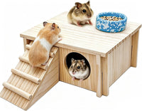 Wooden Hamster Hideout House Castle with Platform, Bowl & Ladder – Essentials for Small Pets - 2 Room + Bowl – 2.36" Entrance