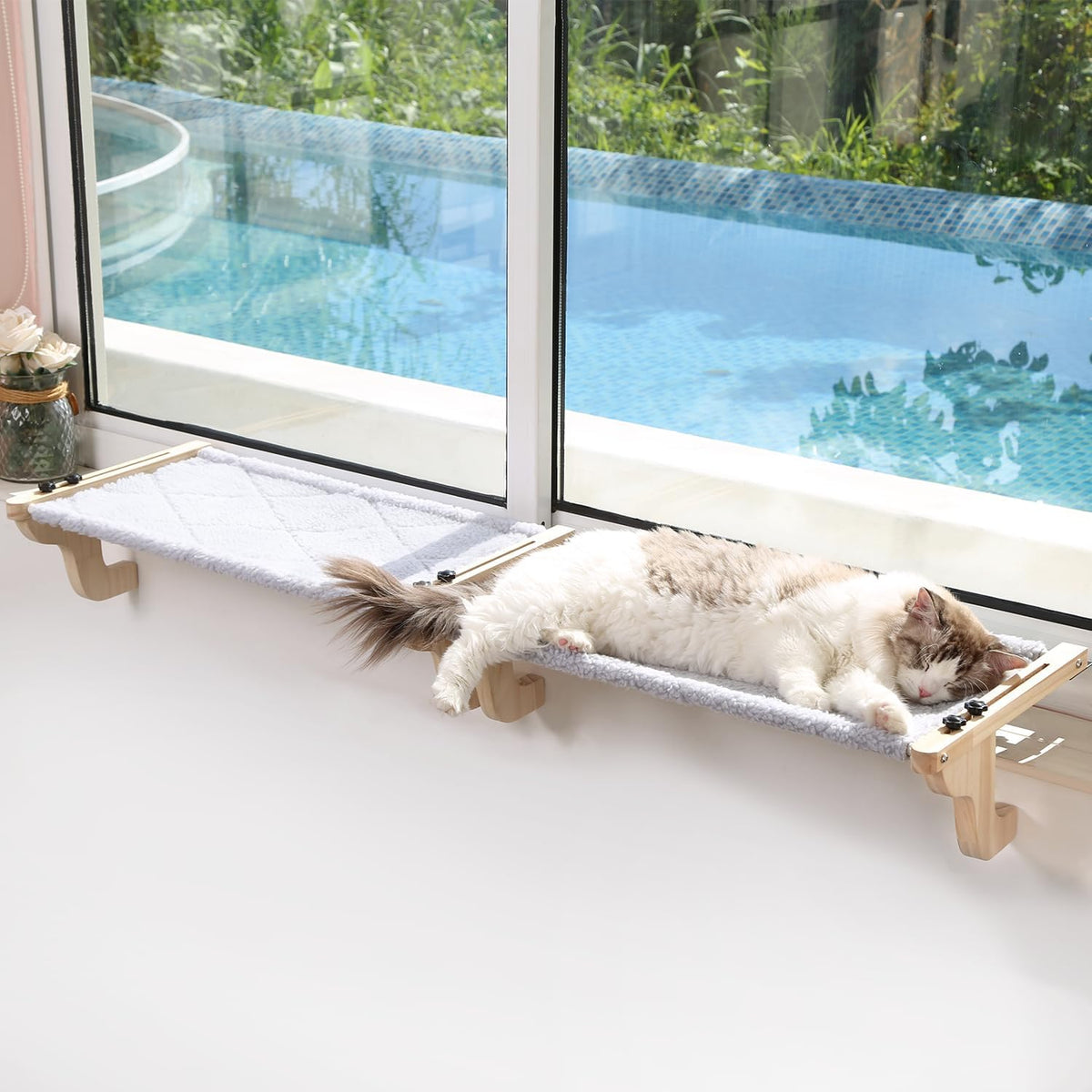 Zakkart 2-PC Easy Seat Cat Perch for Windowsill – Essentials for Cats - Natural Color Wood w/ Gray Bed / Medium 2PC