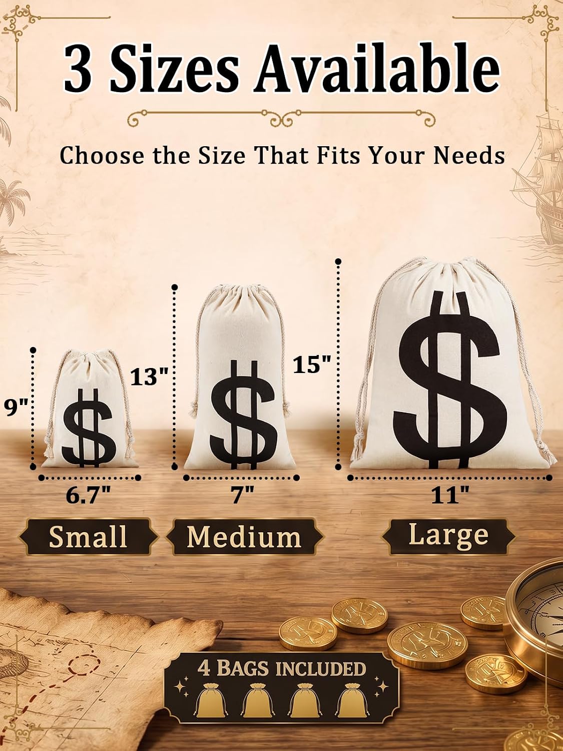 Apipi 4 Pack 6.7" W × 9" H Canvas Money Bags - M-7 x13 in - image 2