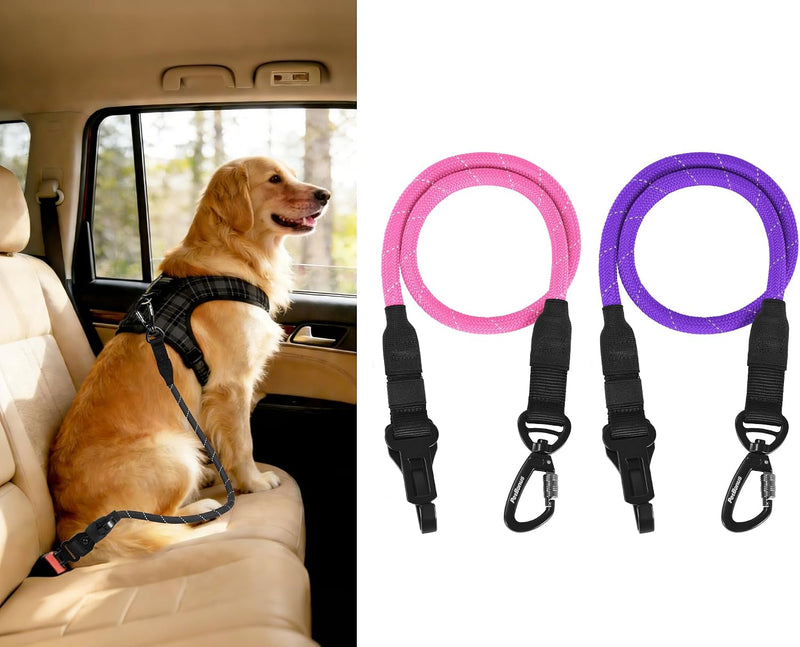 Dog Seat Belt for Car, Durable Rope Dog Car Harness for Vehicle – Essentials for Dogs - Purple, Pink / 2 Packs