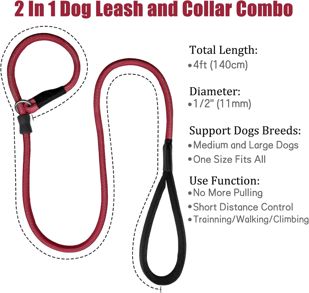 Strong Slip Rope Dog Training Leash - 1/2" x 4ft / Wine Red - image 3