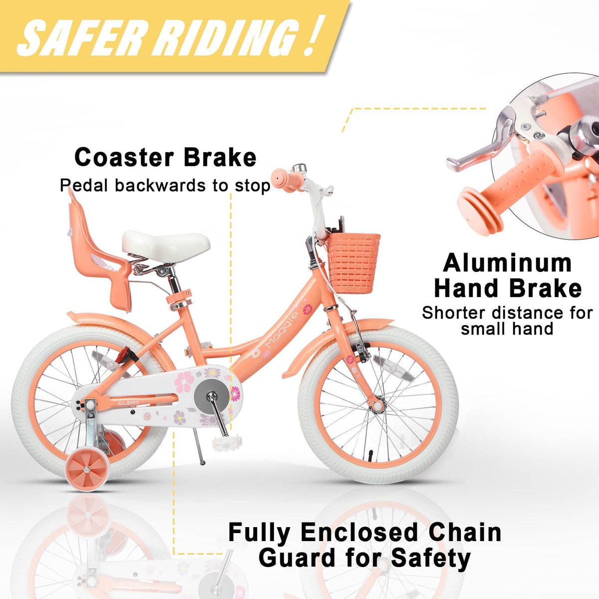 Glerc Maggie Girls Bike, 12-20 Inch Kids Bike for 2-13 Years Old Children, Princess Style Kids - Peach / 16 Inch - image 3