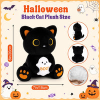 MUFEIRUO Halloween black cat plush holding pumpkin bag, wearing orange witch hat - view 15