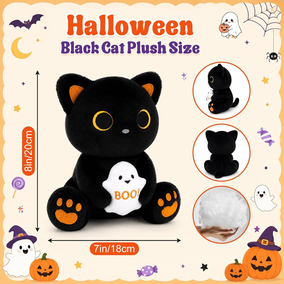MUFEIRUO Halloween black cat plush holding pumpkin bag, wearing orange witch hat - view 15