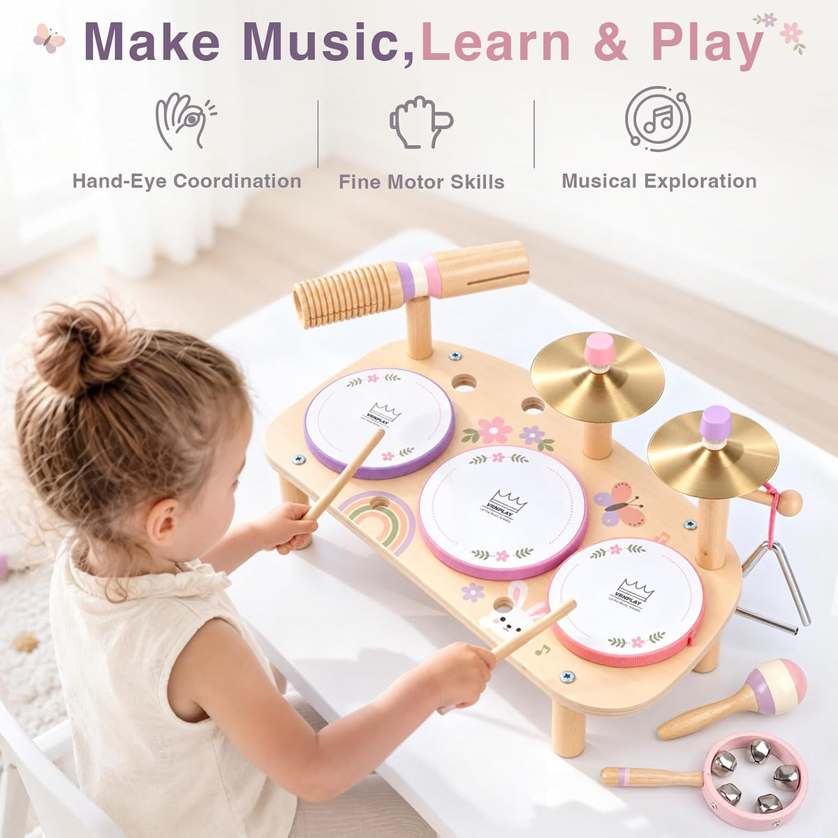Vanplay Kids Drum Set, Montessori Toys for 2 3 Year Old Boy Girl Gifts – Fun for Kids & Family - Pink,purple - image 3