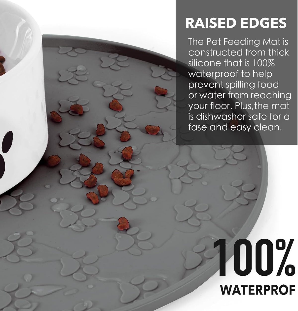 Silicone Pet Food Mat - Waterproof Dog & Cat Feeding Mat with High Lip to Prevent Spills & Protect - Grey - image 2