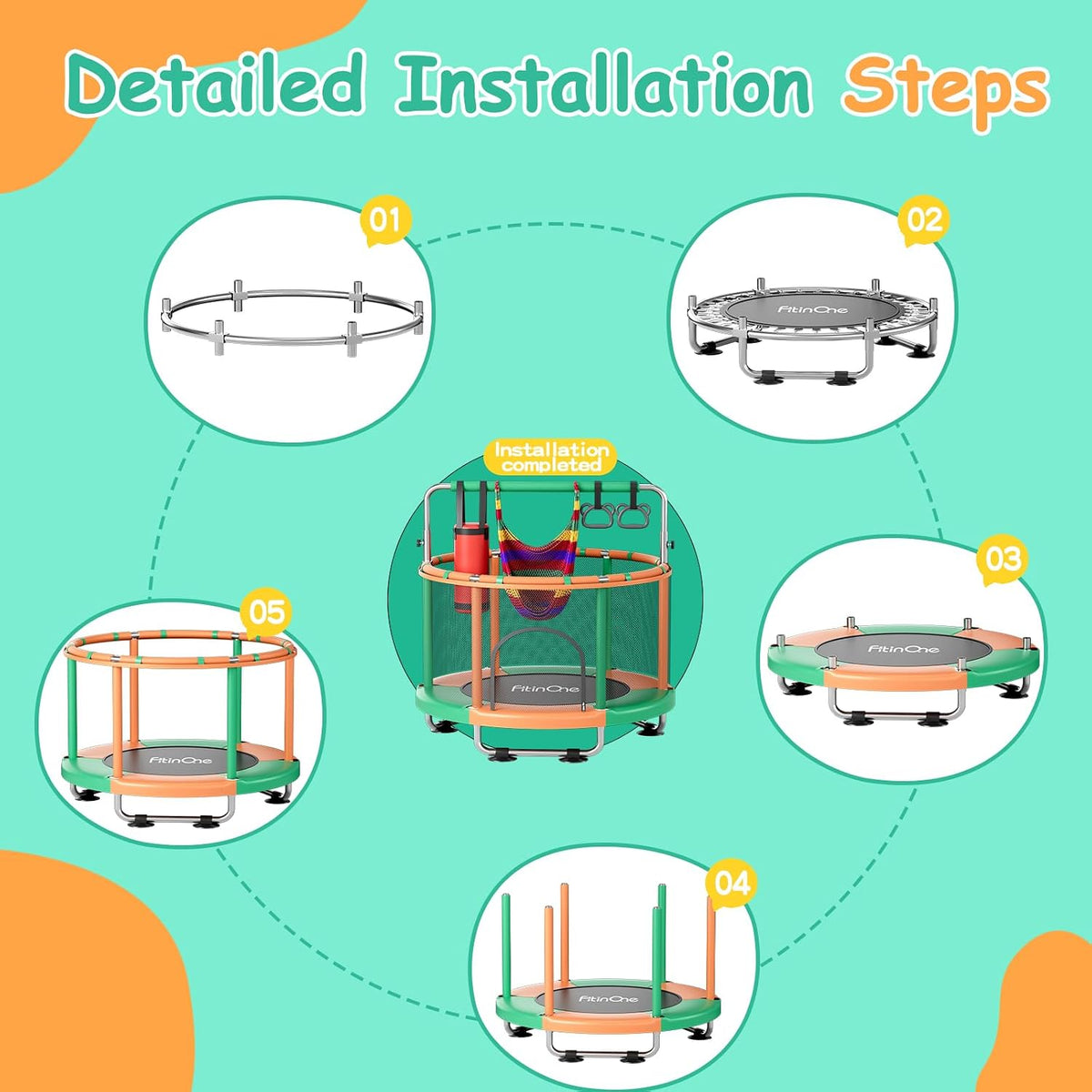 55" Toddler Mini Trampoline for Kids - Green-Orange - image 3