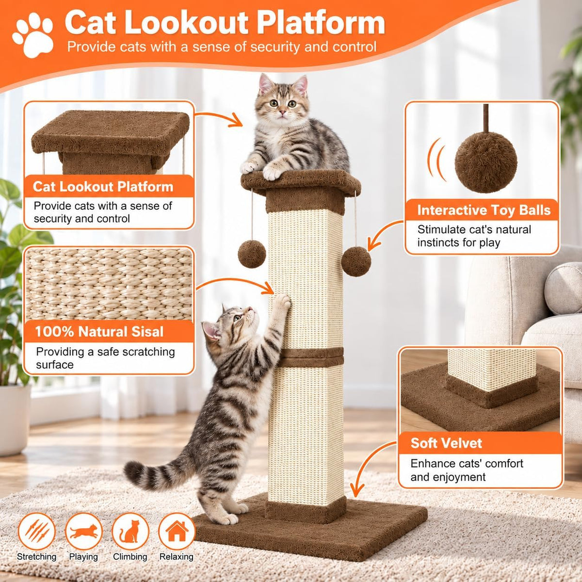 SOCATER Cat Scratching Post 33 Inch, Beige – Essentials for Cats - Brown - image 4
