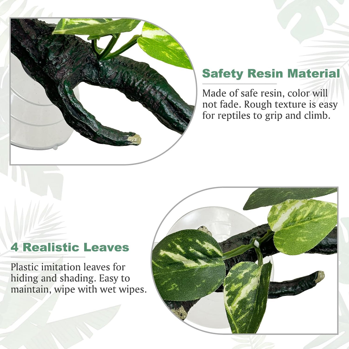 2-piece resin reptile climbing branch set with suction cups and leaves - view 4