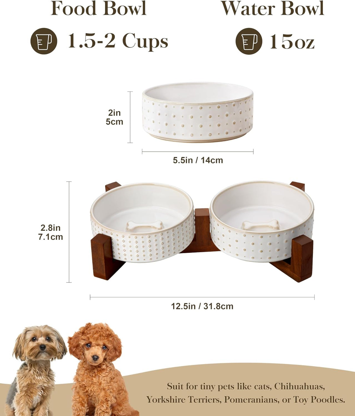 MALACASA Dog Bowl Set, Ceramic Bowls with Walnut Wood Stand - Rhombic+Polka Dots / 2 Cups - image 2