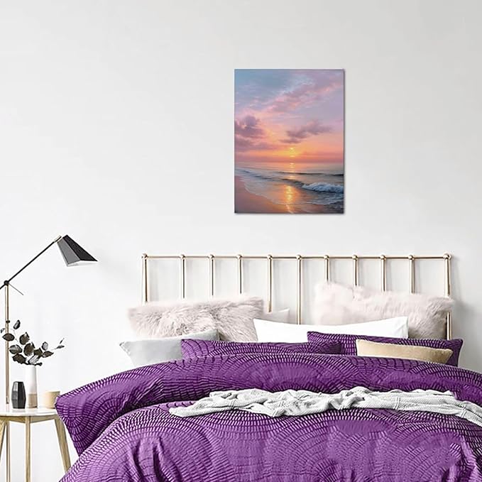 Beach Sunset Wall Art Ocean Coastal Scenery Wall Decor Seascape Picture Canvas Landscape Painting Print Framed Artwork Decorations for Living Room Office Bedroom Kitchen 12"x16"