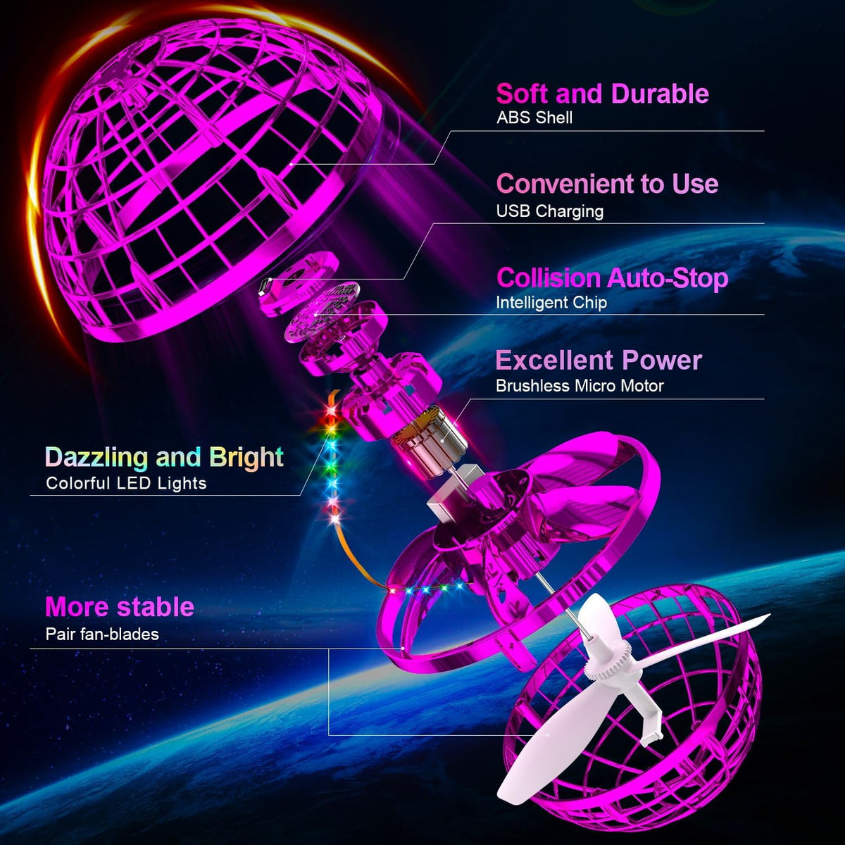 Ivtivfu Flying Orb Ball with Dazzling Lights - Pink - image 2