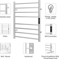 KEG Smart WiFi Towel Warmer Wall Mounted with Built-in Timer and Temperature Adjust Control, 8 Bars Electric Stainless Steel Heated Towel Racks for Bathroom Brushed Nickel
