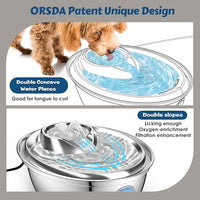 ORSDA Stainless Steel Cat Water Fountain, Automatic Pet Water Fountain, 100oz/3L Drinking Fountain Dog Water Dispenser with Water Level Window- 4Pcs Filters (D66)
