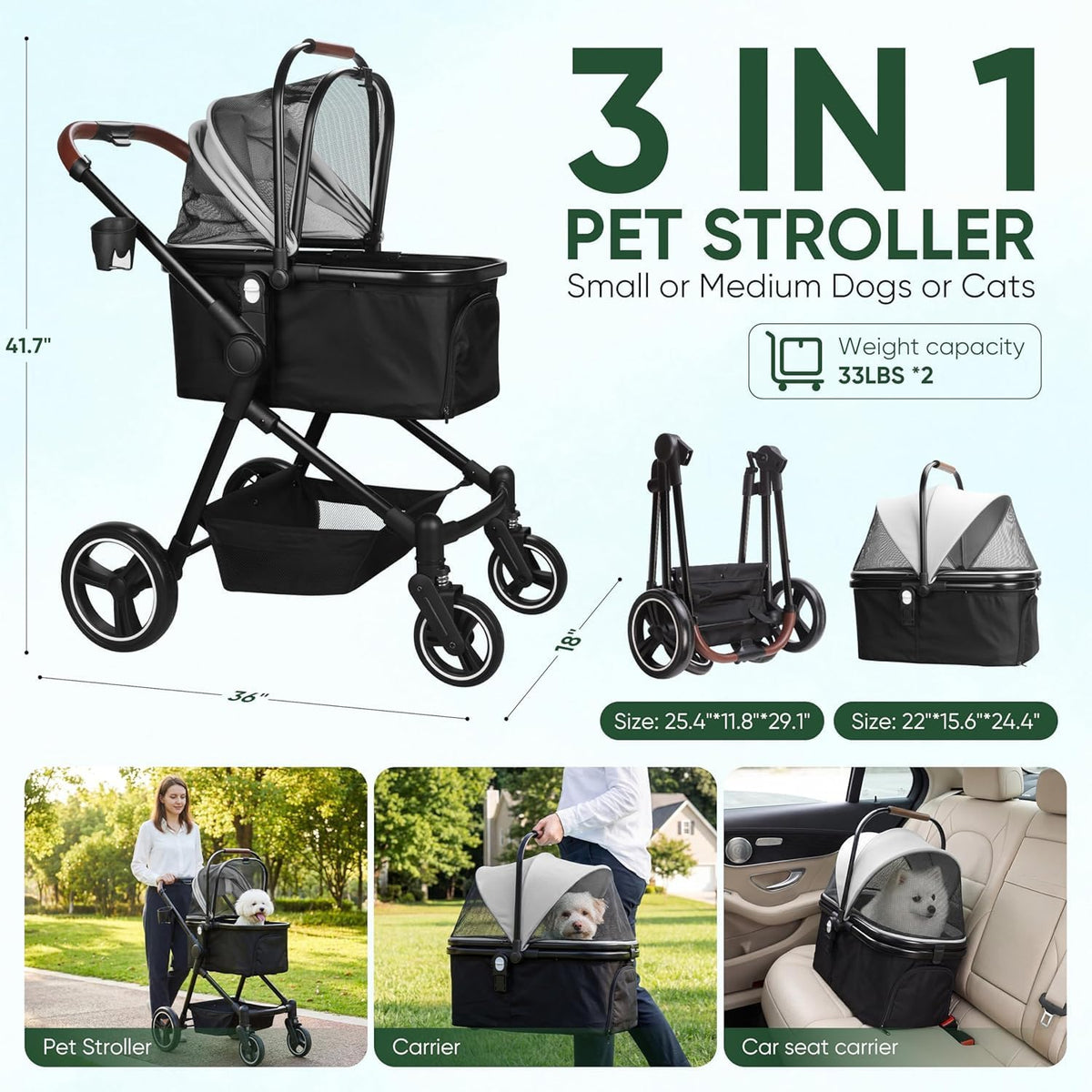 Foldable Double Pet Stroller for 2 Small Medium Cats Dogs – Essentials for Cats - Gray / Single - image 3