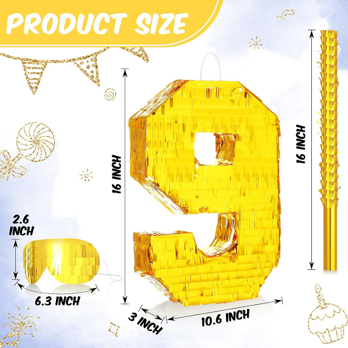 Sratte gold foil number piñata set with gold blindfold, piñata stick and bag of confetti - view 9