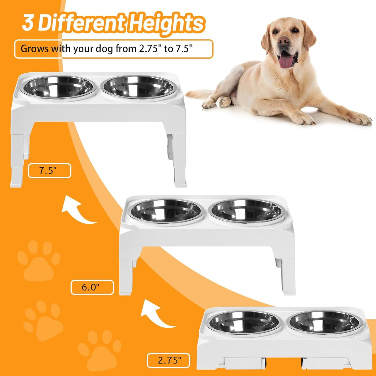 Hubulk Elevated Dog Bowls with 2 Stainless Steel Dog Food & Water - S (6" for Small Dogs) / White - image 2