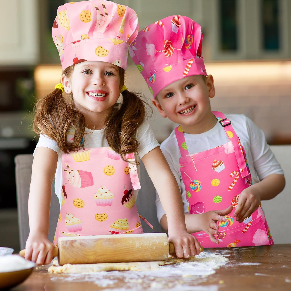 4Pcs Kids Apron and Chef Hat Set Gift for Girls Boys - Pink Cookie Candy - image 4