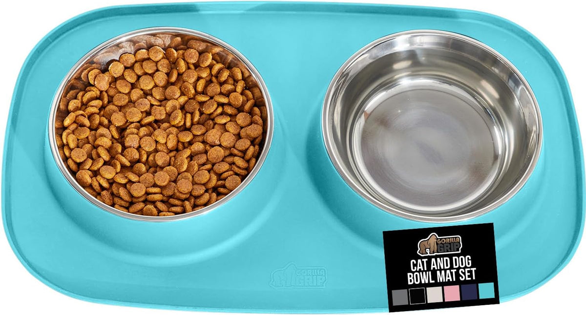GORILLA GRIP Dog Bowl Set with Feeding Mat - Turquoise / 3 Cup Bowls