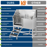 Stainless Steel Dog Washing Station - Dog Bath Tub for Large, Medium, Small Dogs, Pet Grooming Tub with Ramp, Non-Slip Grate, Shower, Soap Box, Faucet, Drain for Home & Outdoor （Left RAMP, 62"）