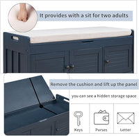 Storage Bench with 3 Shutter-Shaped Doors, Pine Wood Shoe Bench with Removable Cushion and Hidden Storage Space for Entryway Living Room 43.5" L * 16" W * 18" H, Antique Navy