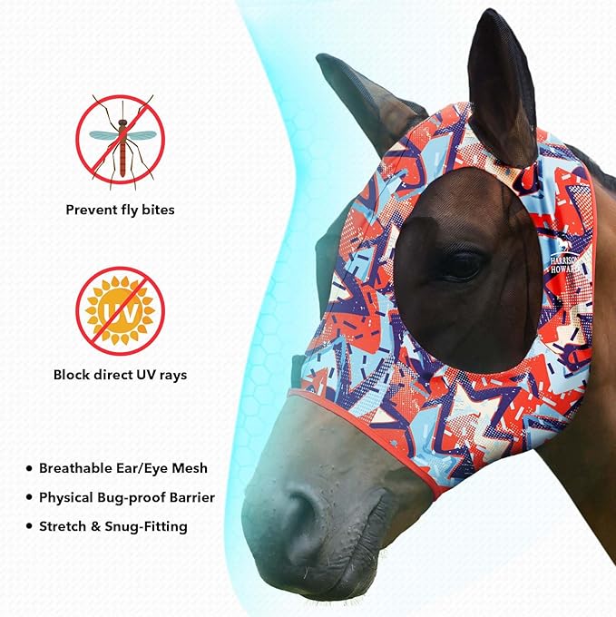 Harrison Howard Super Comfort Stretchy Fly Mask Large Eye Space with UV Protection Soft on Skin with Breathability Orange Geo Print S
