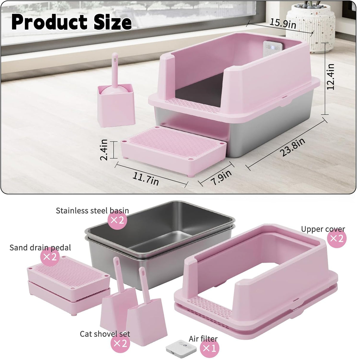 RIZZARI Stainless Steel Litter Box: High Sides for Kittens & Small - Pink with Deodorizer, 2 Pack - image 2