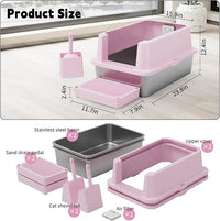 RIZZARI Stainless Steel Cat Litter Box, Semi-Closed Litter Box with High Edges, Large Odorless Litter Pan with for Small to Large Cats (Pink with Deodorizer, 2 Pack)