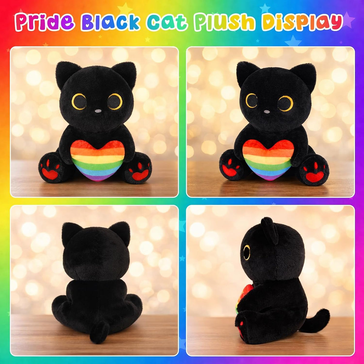 MUFEIRUO Halloween black cat plush holding pumpkin bag, wearing orange witch hat - view 27