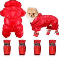 Frienda 4 Pcs Winter Dog Jacket Boots Set Red Snow Waterproof Pet