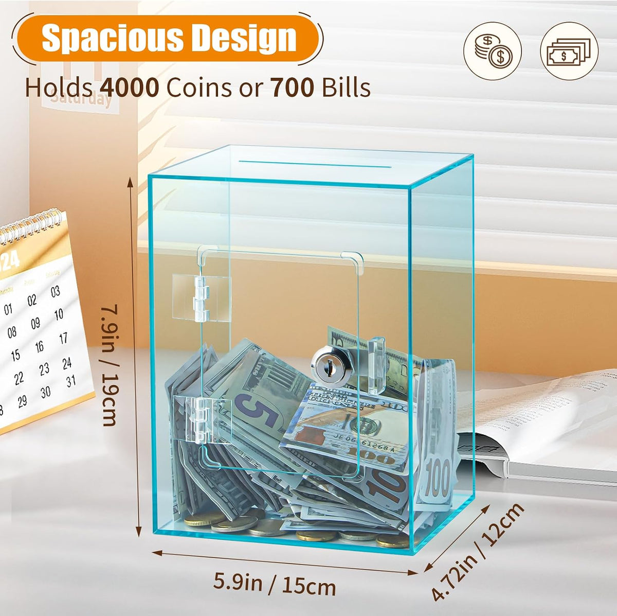 Hicocool Clear Acrylic Piggy Bank with Lock & Key - Cyan - image 3