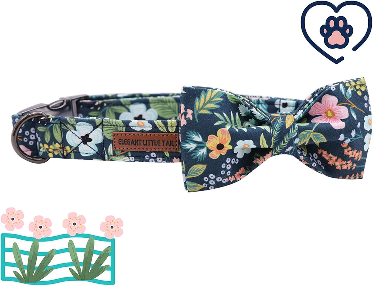 Dog Collar with Bow, Elegant Little Tail Blue Plaid Boy Dog Collar Cute Bow – Essentials for Dogs - Dark Blue Flower / X-Large (Pack of 1) - image 2