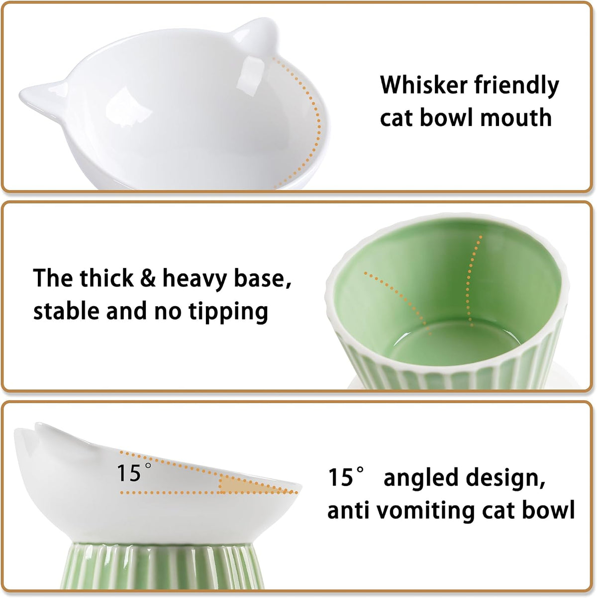 Ceramic Raised Cat Bowl，Tilted Raised Cat Bowl Anti Vomit Cat Bowls - Green - image 4