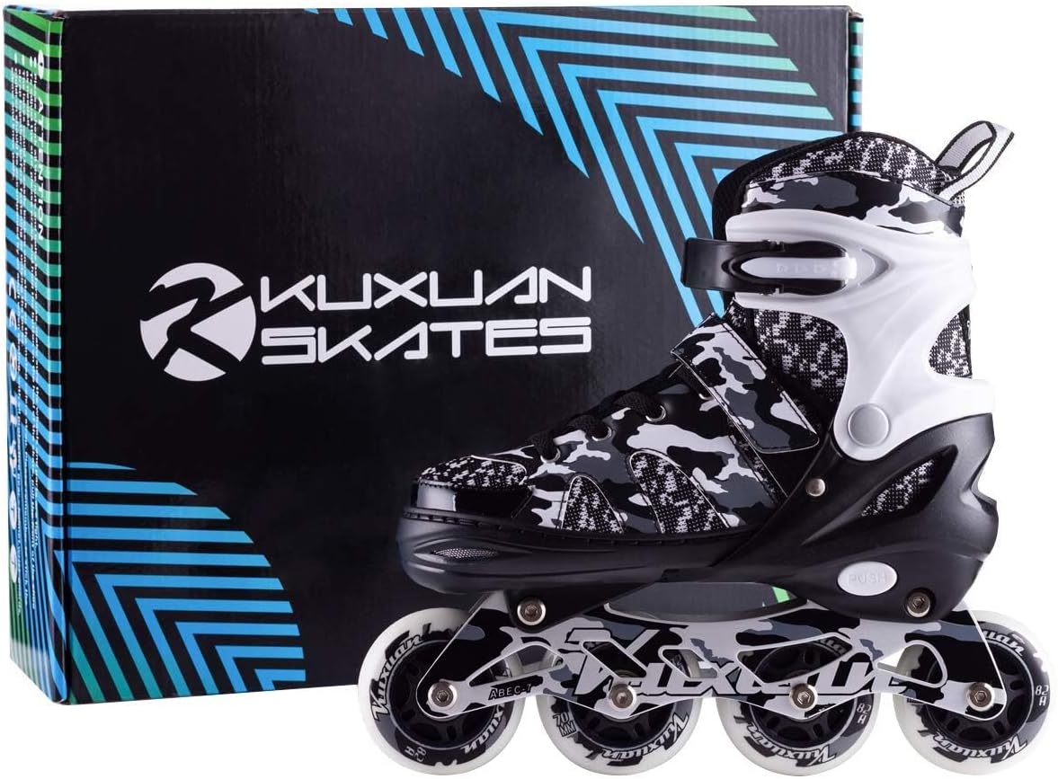 Kuxuan Boys Adjustable Inline Skates with Light up Wheels for Kids - Black Camo / Large(Kids 3-6 US) - image 3