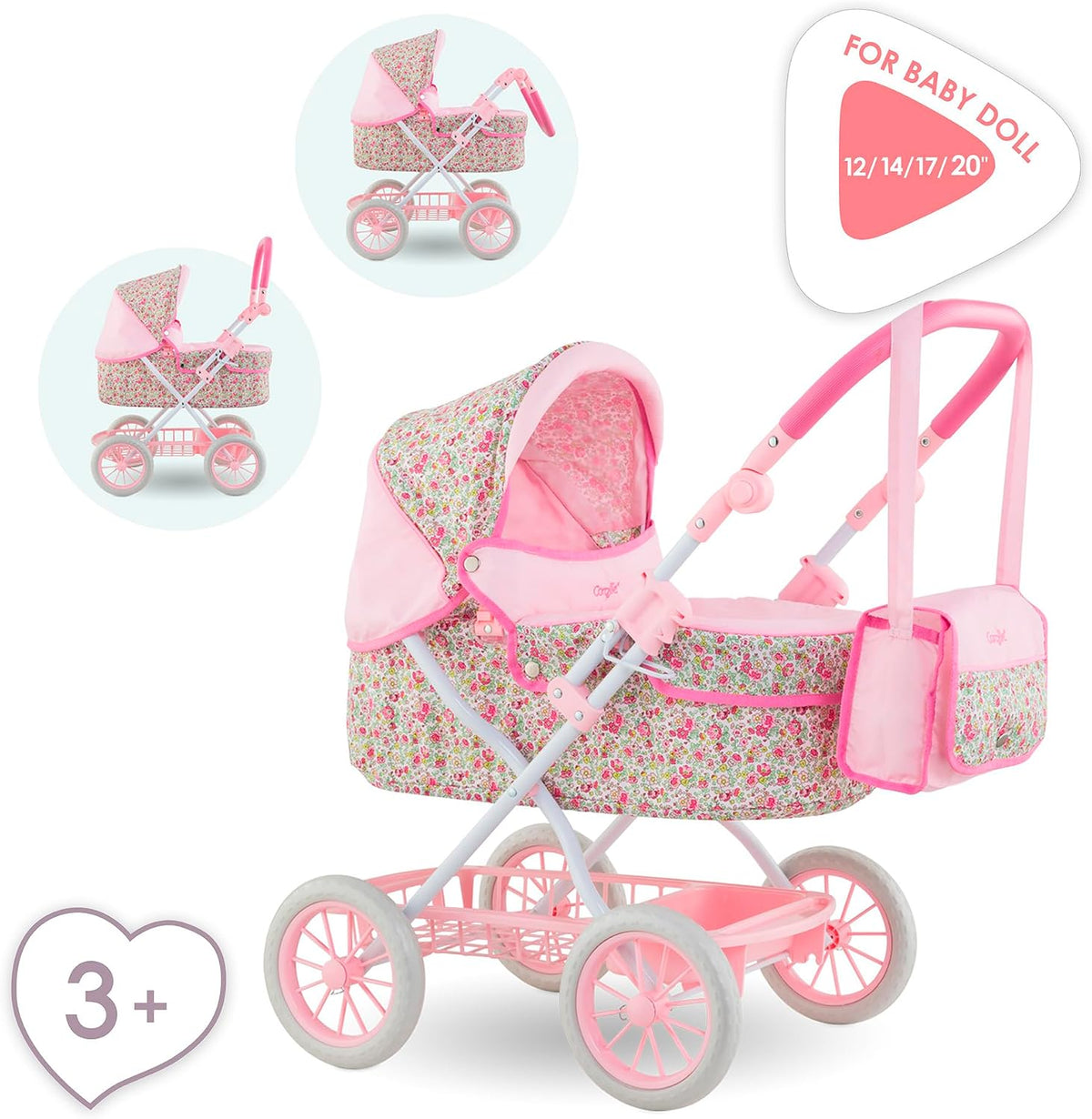 Corolle foldable pink baby doll stroller with carriage design, canopy and basket - view 4