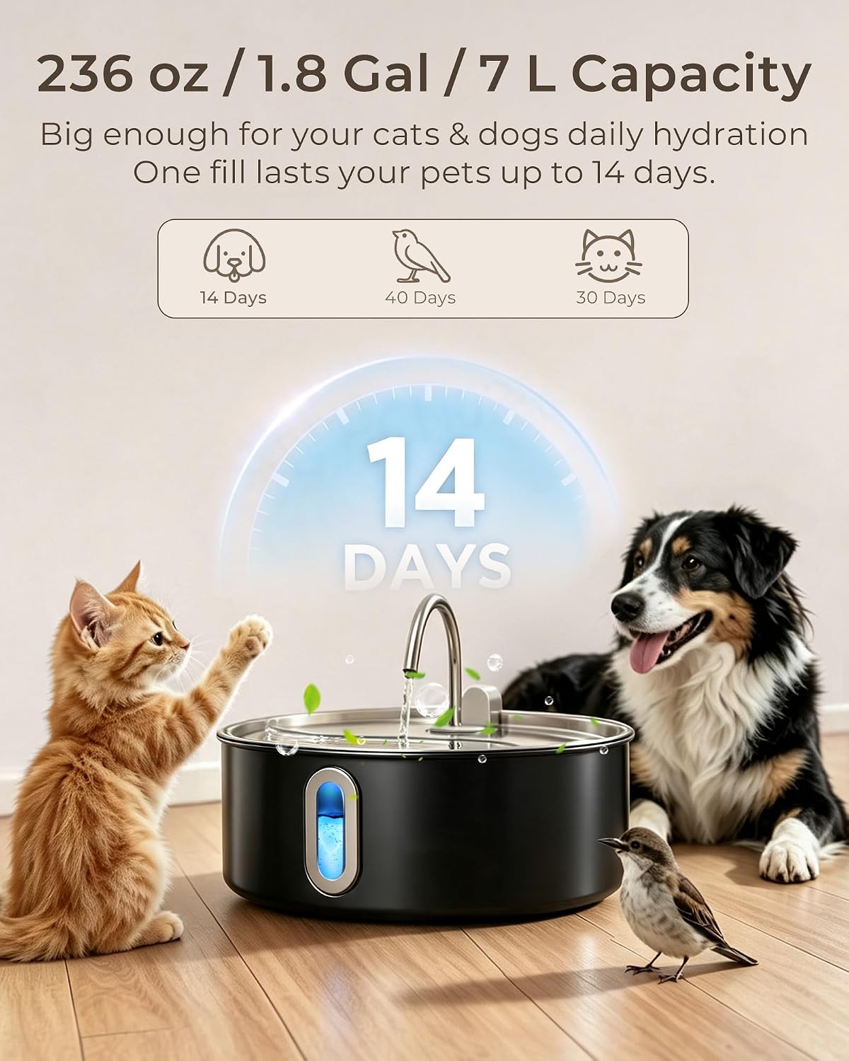 7L/236oz Stainless Steel Dog Water Fountain for Large Dogs & Cats – Essentials for Dogs - Matte Black / Water Fountain + 1 Filter + 1 Sponge - image 2