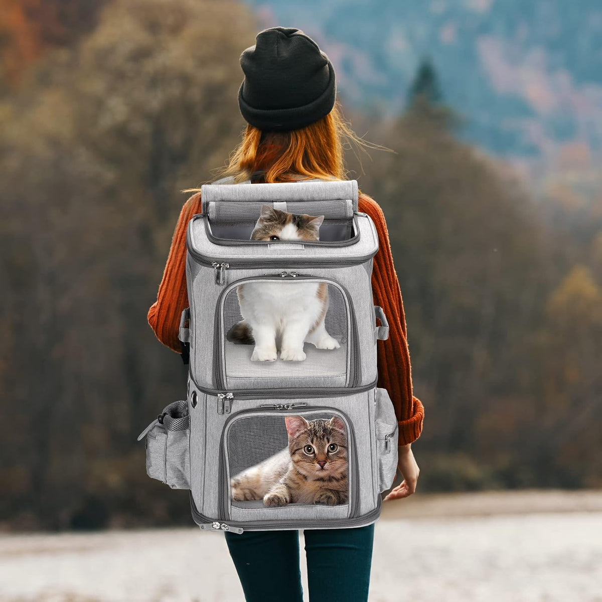 HOVONO Double-Compartment Cat Backpack Carrier for Mulit-Cat Families – Essentials for Dogs - 15.8"L x 11.8"W x 23.6"H / Grey - image 4