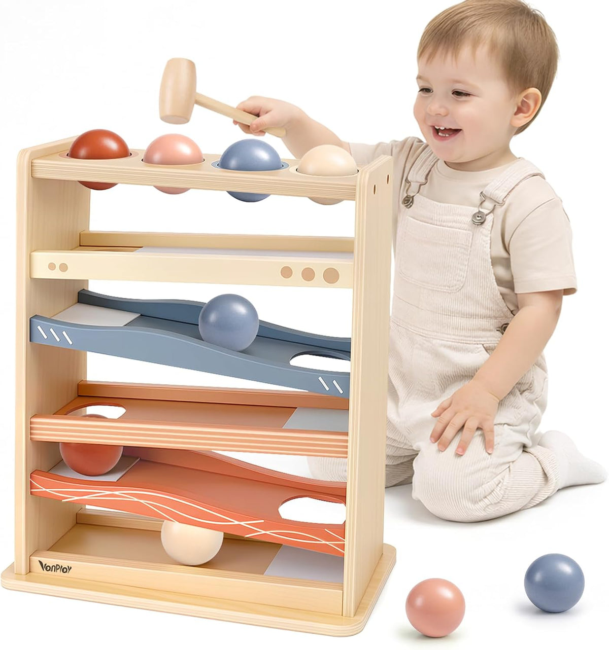 Vanplay Montessori Ball Drop Toys for 1 2 Year Old Boy Girls Birthday - Beige