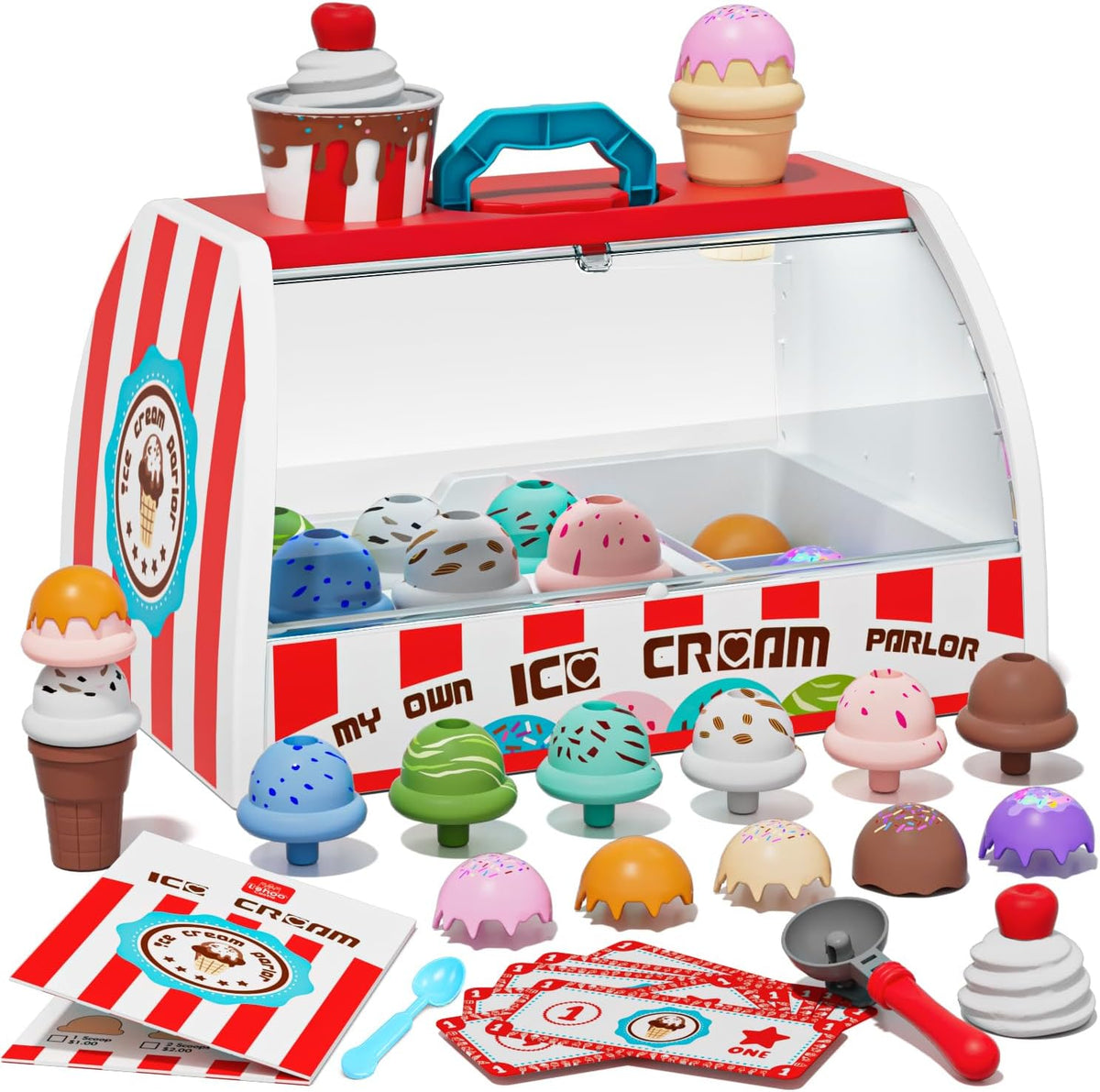 Lehoo Castle ice cream counter toy set with cones, scoop, flavors, toppings and play money - view 2