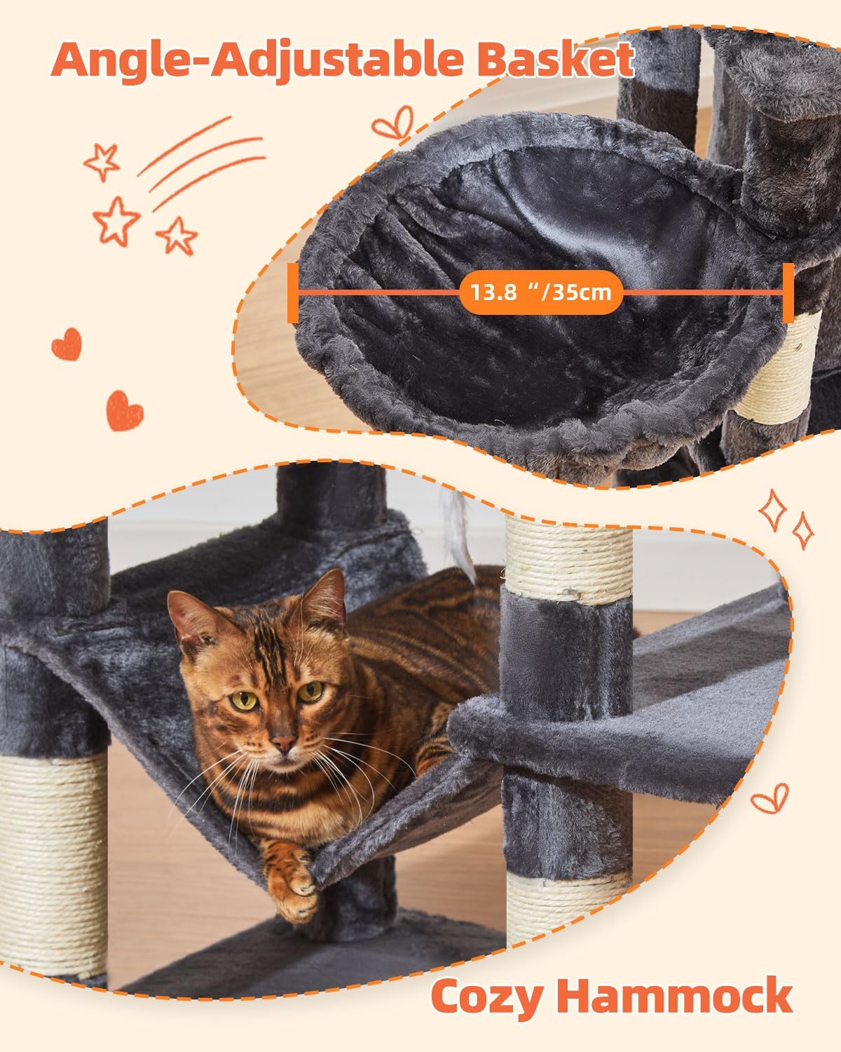 Taoqimiao Cat Tree, 67 in Tall Cat Tower with 2 Plush Cat Condos – Essentials for Cats - 67 inches / Smoky Gray - image 4
