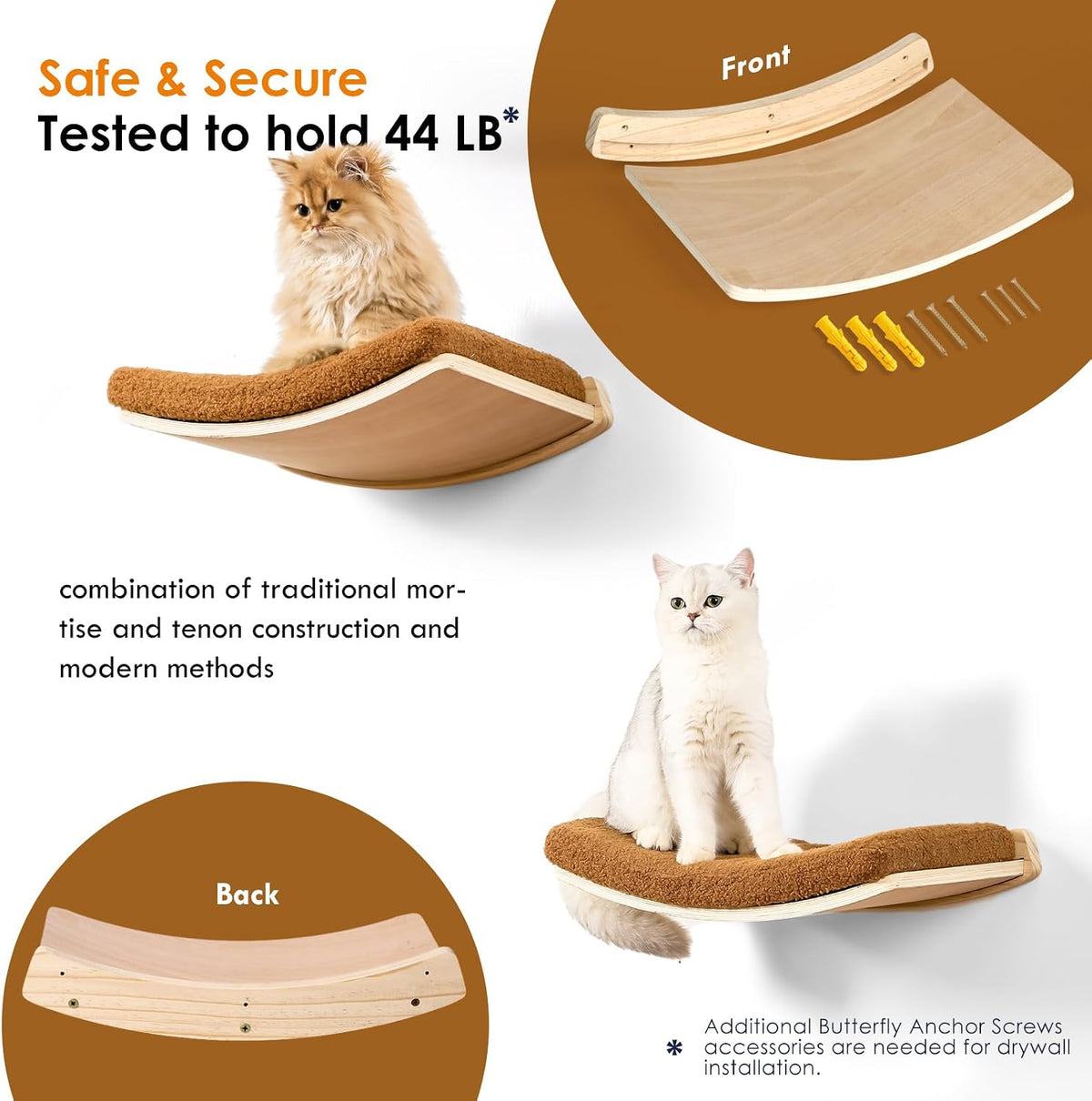 Curved Cat Shelves and Perches - Wood Shelf+Brown Cushion - image 4