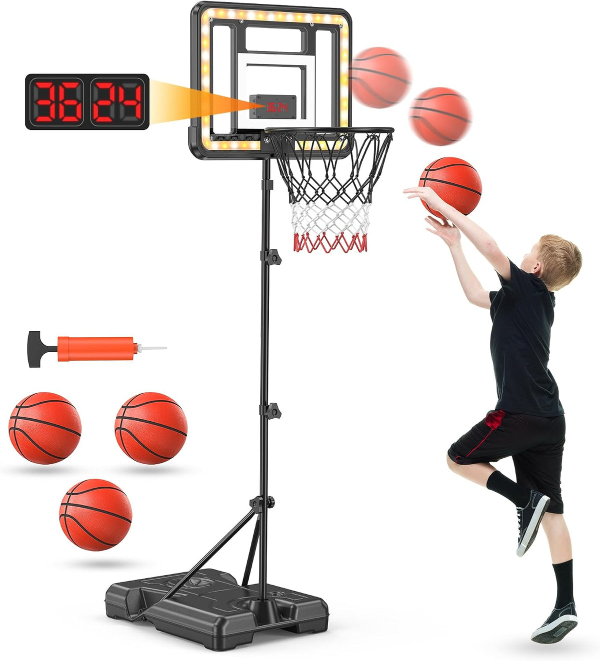 flybakiz kids basketball hoop with electronic scoreboard, timer and adjustable stand - view 2