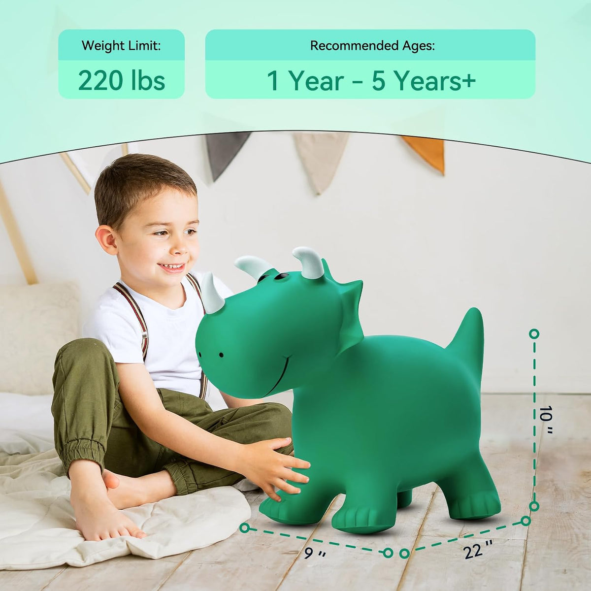 VangeBow Bouncy Horse Animal Hopper Toy for Toddlers 1-5 – Fun for Kids & Family - Green Big Triceratop - image 4