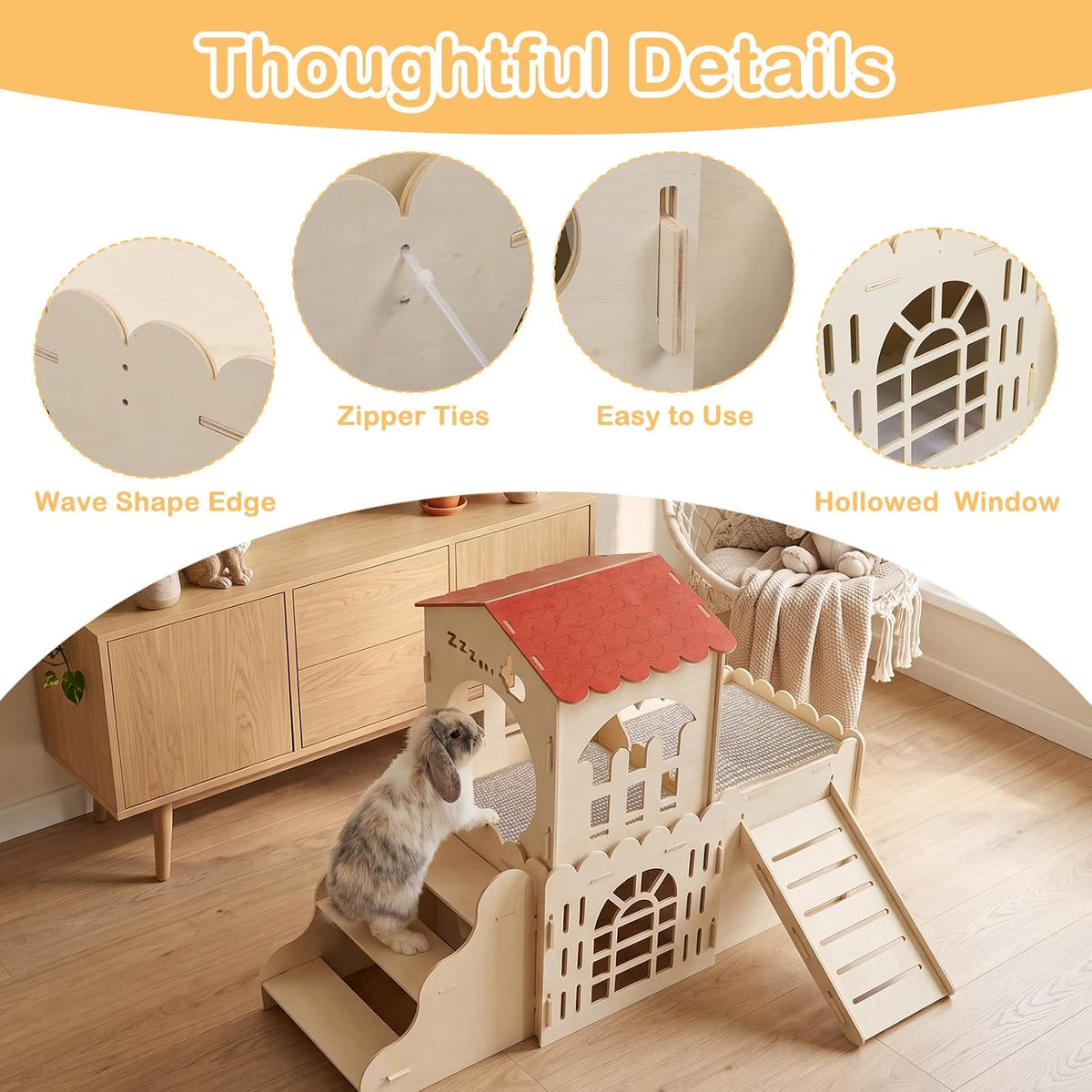 Large Rabbit House, Wooden Bunny Castle with 3 Houses Indoor - 3 Houses 2stairs & 2mats - image 4