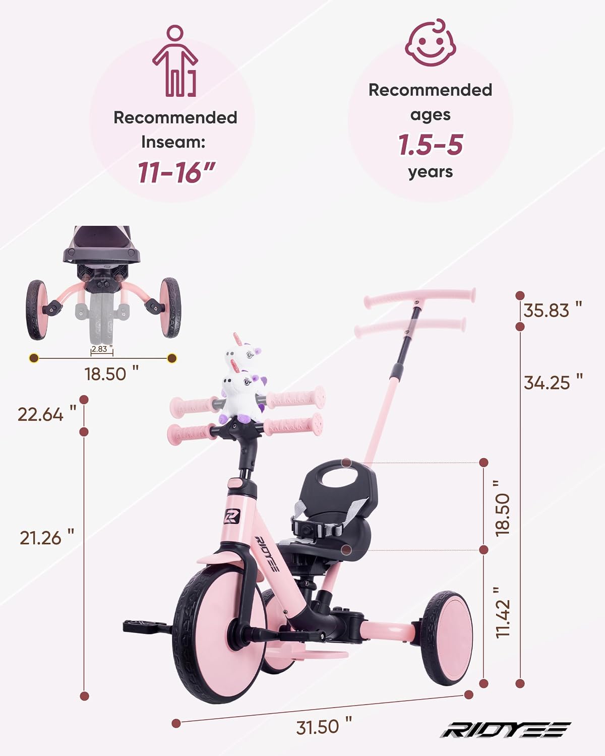 RIDYEE 5-in-1 toddler tricycle with parent push handle and harness seat - view 8