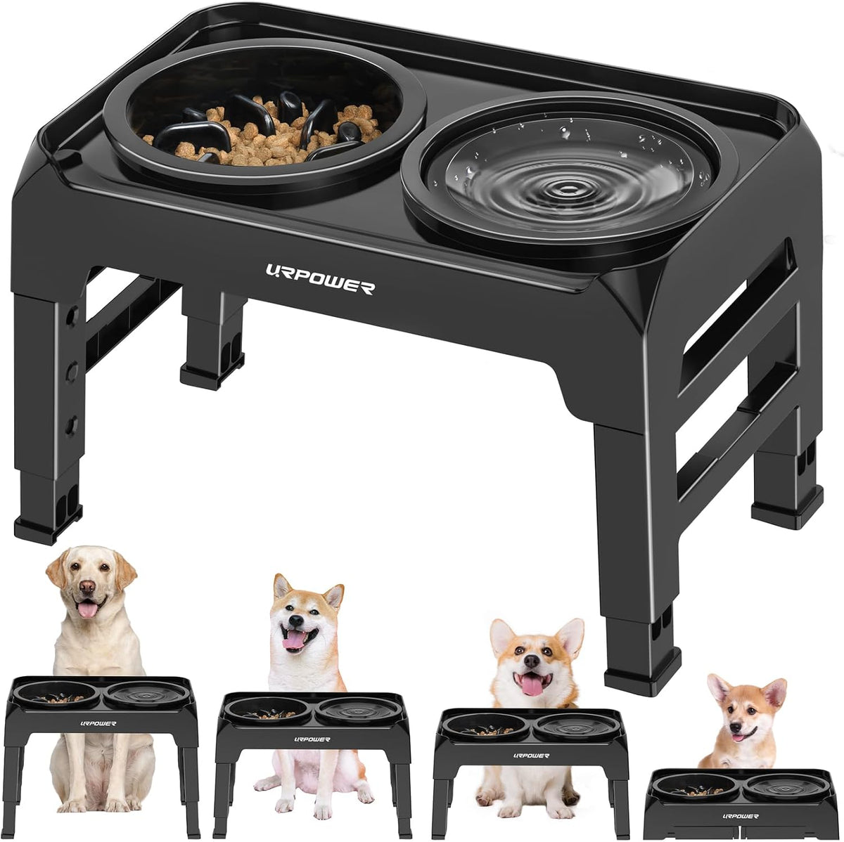 URPOWER Raised Dog Bowls 4 Height Adjustable Elevated Bowl Stand – Essentials for Dogs - Matte Black